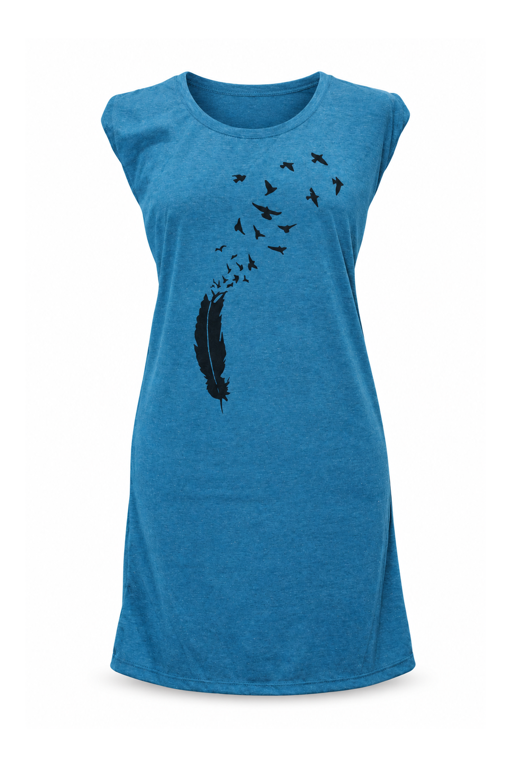 Sleeveless Tunic Dress - Teal Bird Print — front ghost mannequin
