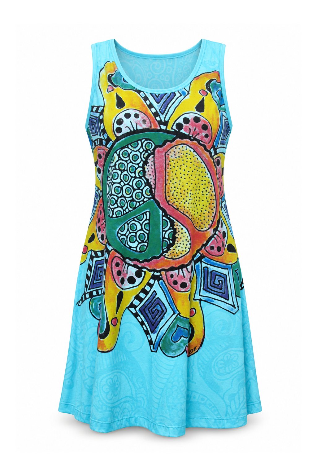 Sleeveless Tunic Dress - Turquoise Monochrome Peace Symbol Print — front ghost mannequin
