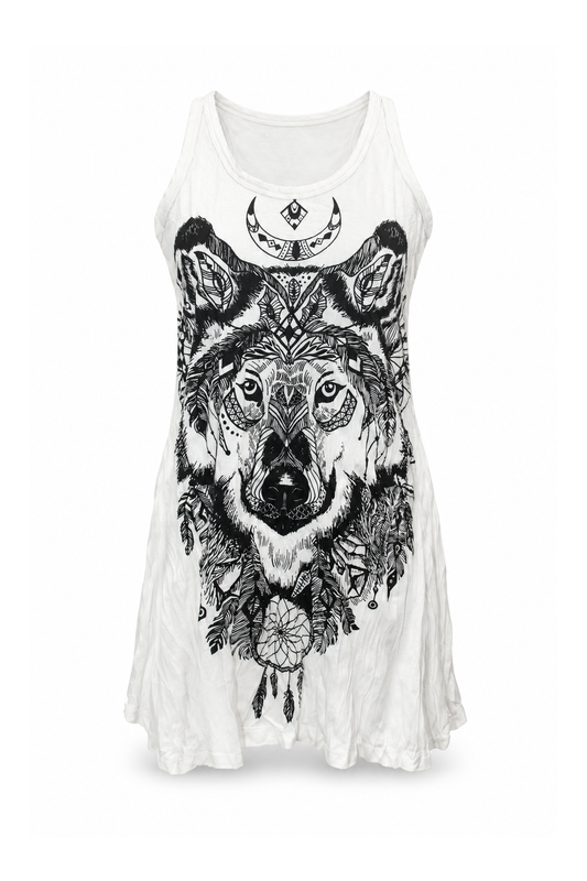 Sleeveless Tunic Dress - White Black Wolf Print — front ghost mannequin