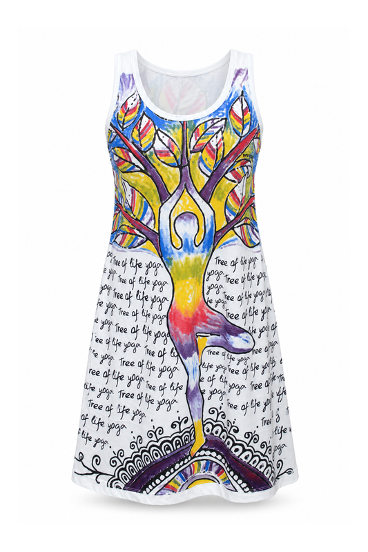 Sleeveless Tunic Dress - White Multicolour Yoga position Print — front ghost mannequin