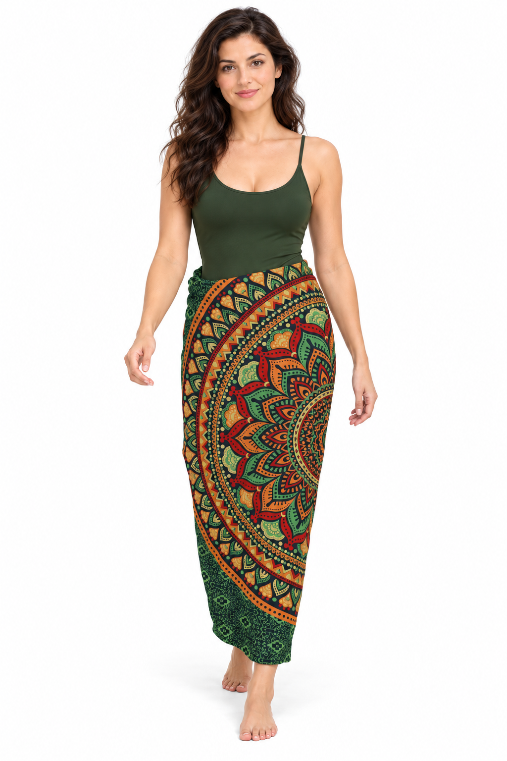 Green Geometric Mandala Sarong — waist wrap model view