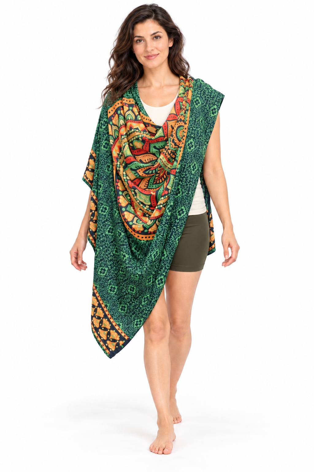 Green Geometric Mandala Sarong — shoulder wrap model view
