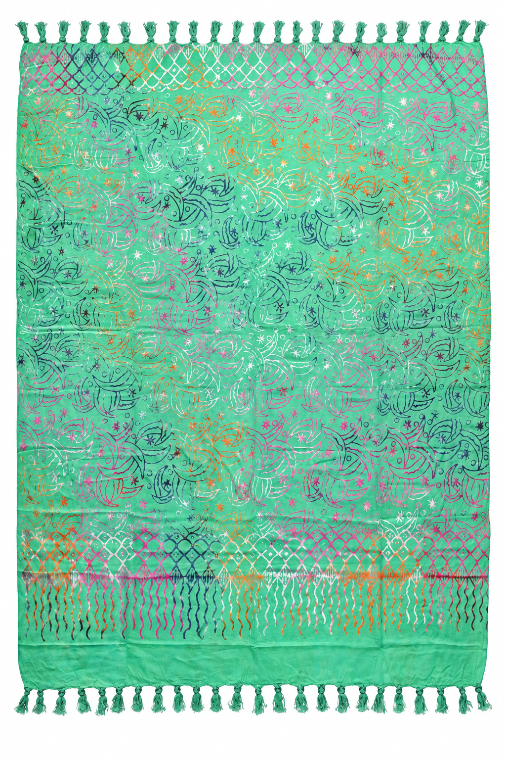 Mint Multicolour Batik Sarong — full opened product with fringed ends