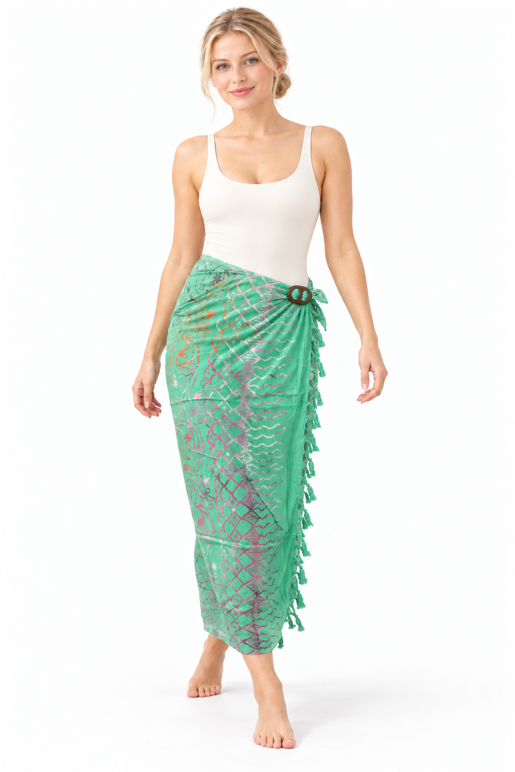 Mint Multicolour Batik Sarong — long beach wrap with oval two-hole coconut buckle