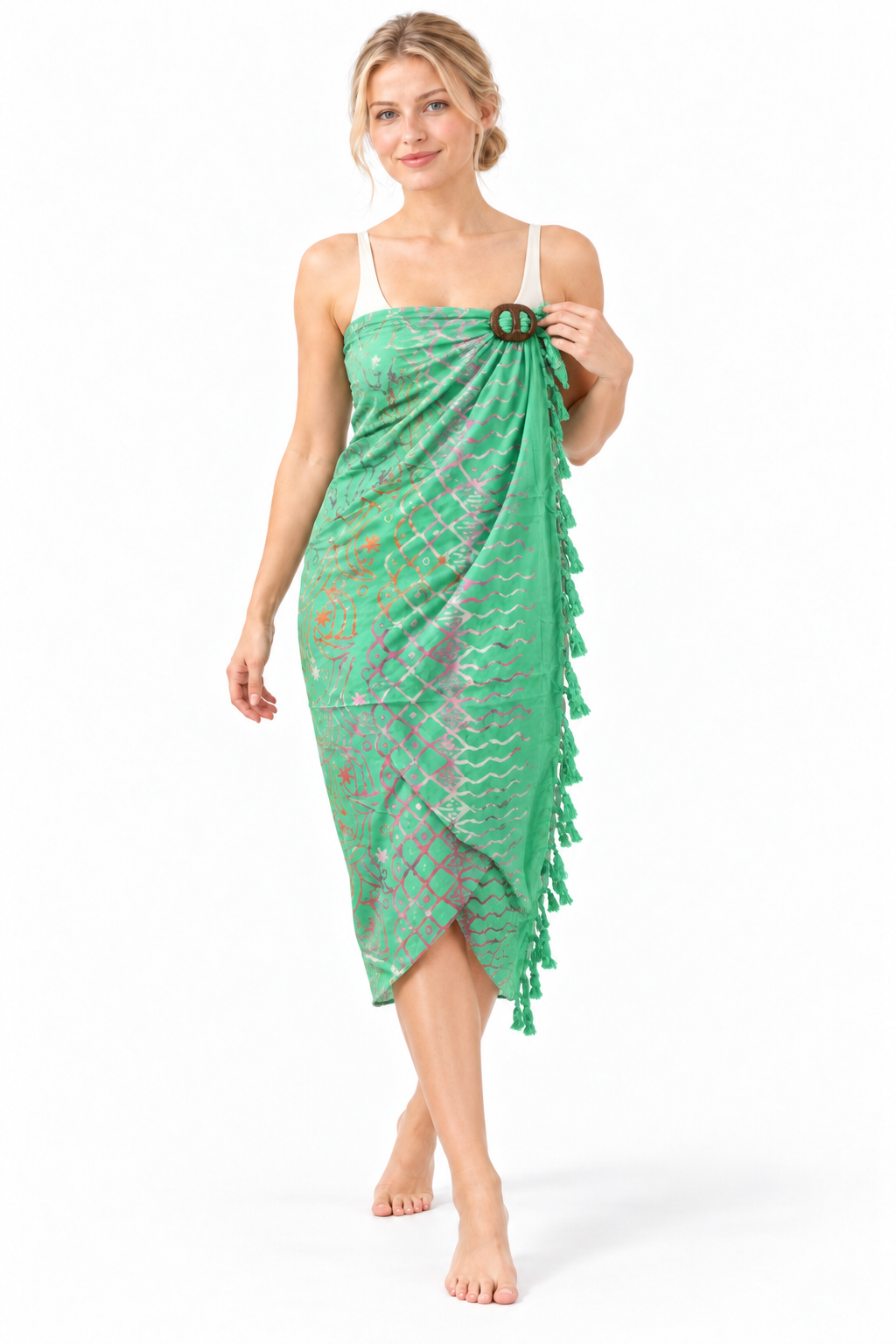 Mint Multicolour Batik Sarong — dress wrap over swimsuit with coconut buckle