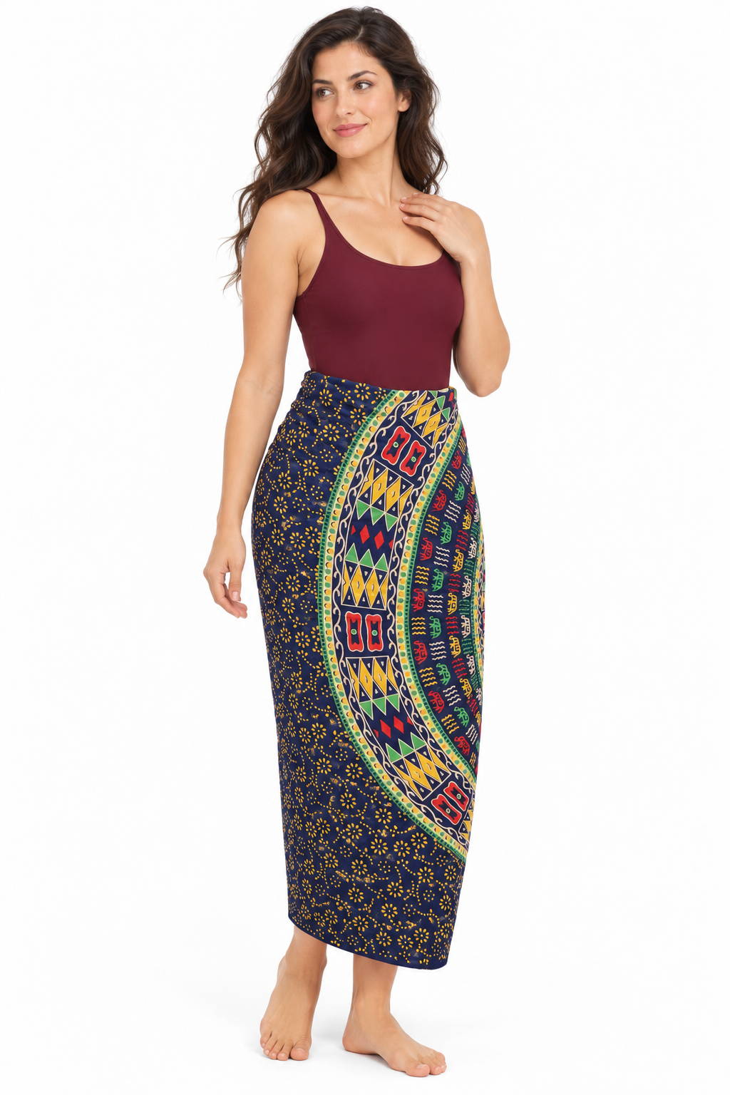 Navy Multicolour Ring Mandala Sarong — waist wrap model view