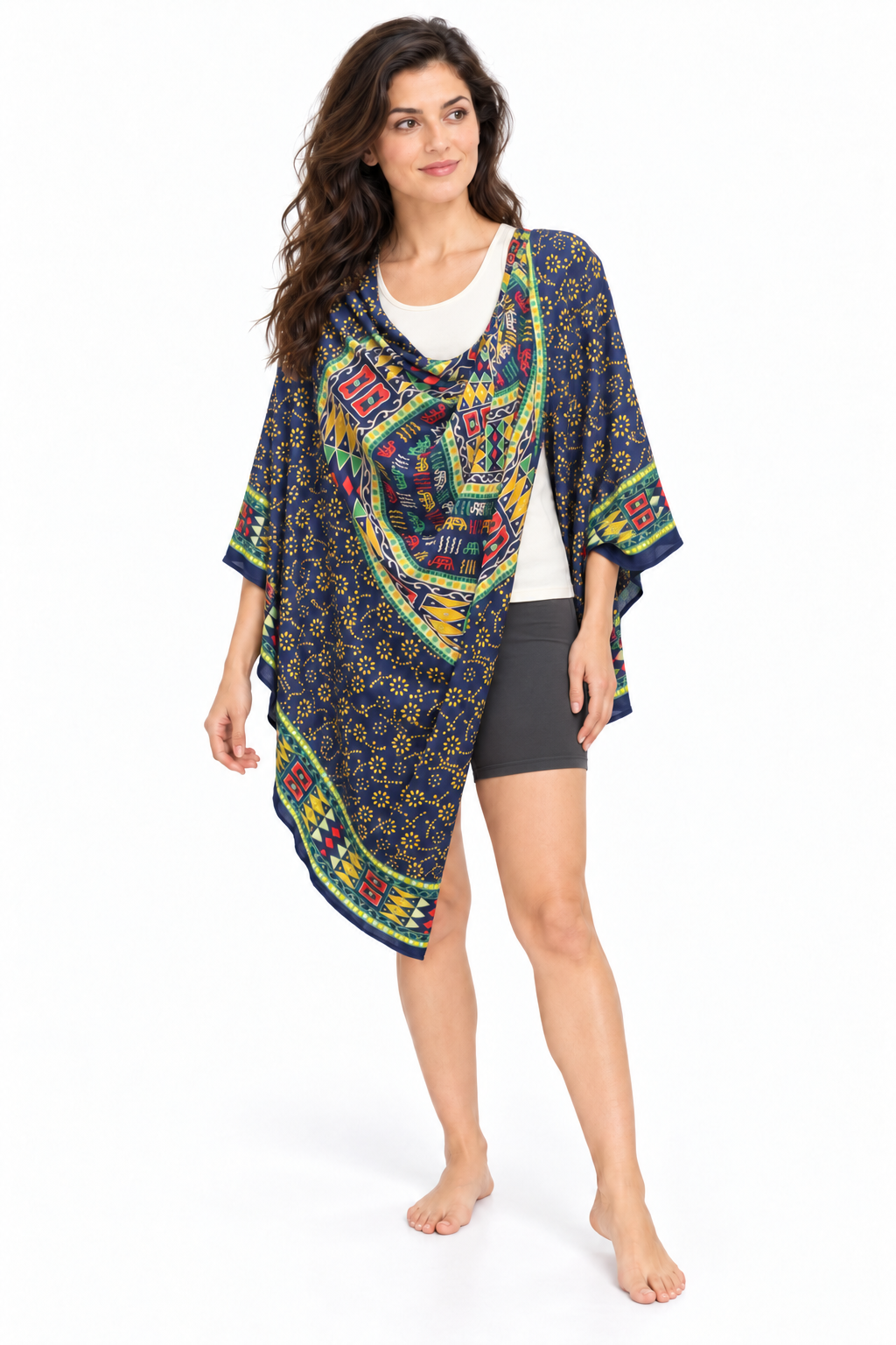 Navy Multicolour Ring Mandala Sarong — shoulder wrap model view