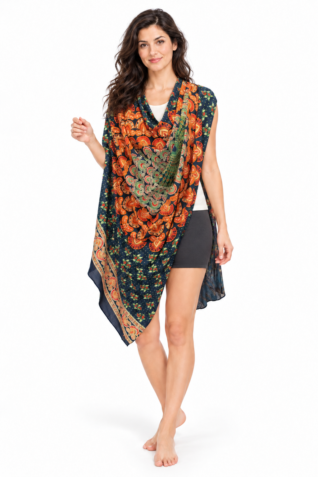Navy Orange Green Mandala Sarong — shoulder wrap model view
