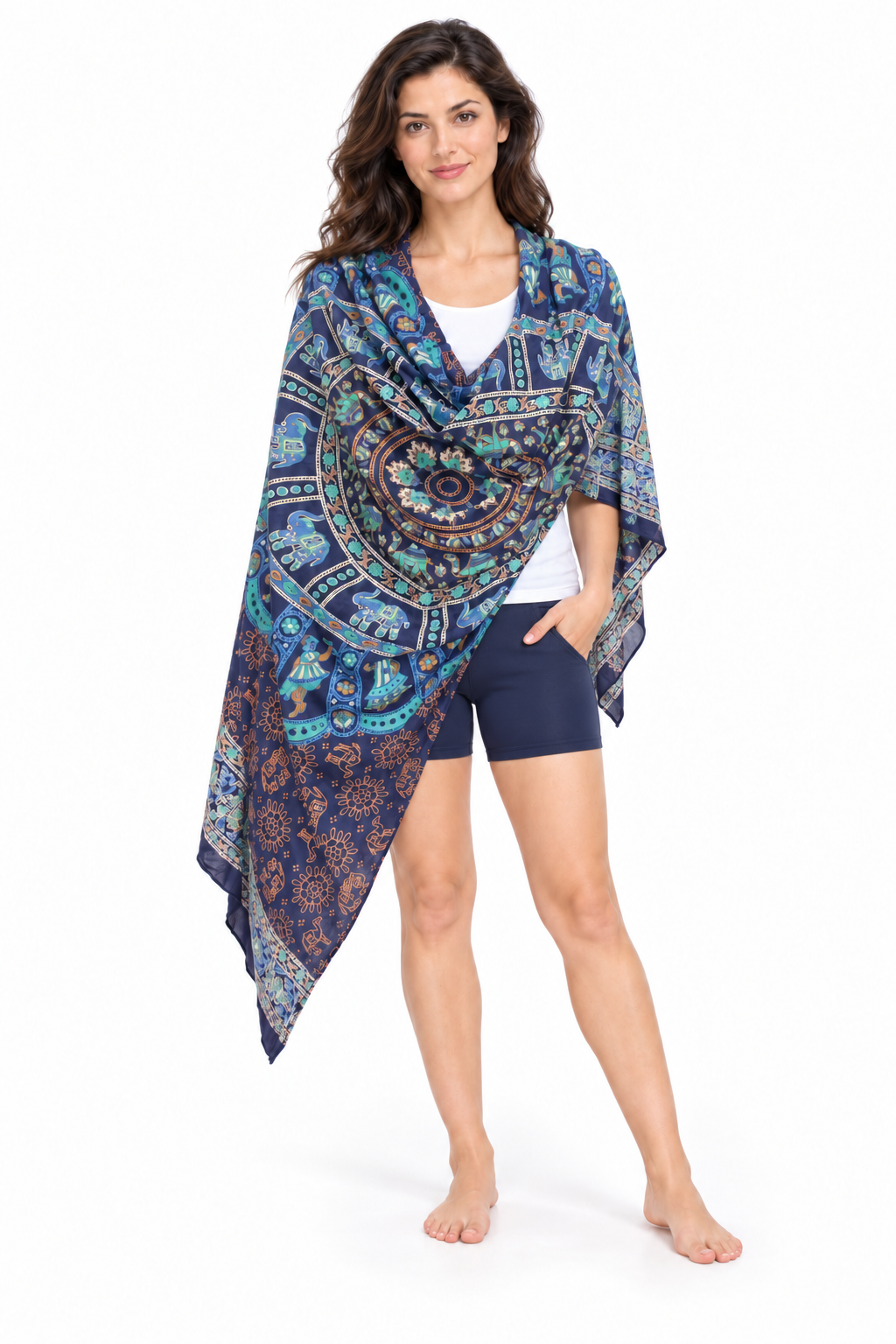 Navy Turquoise Mandala Sarong — shoulder wrap model view