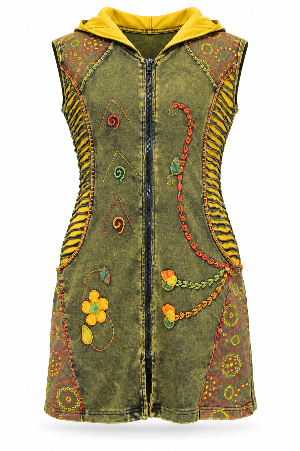 Olive Hooded Vest - Floral Details, ghost mannequin front