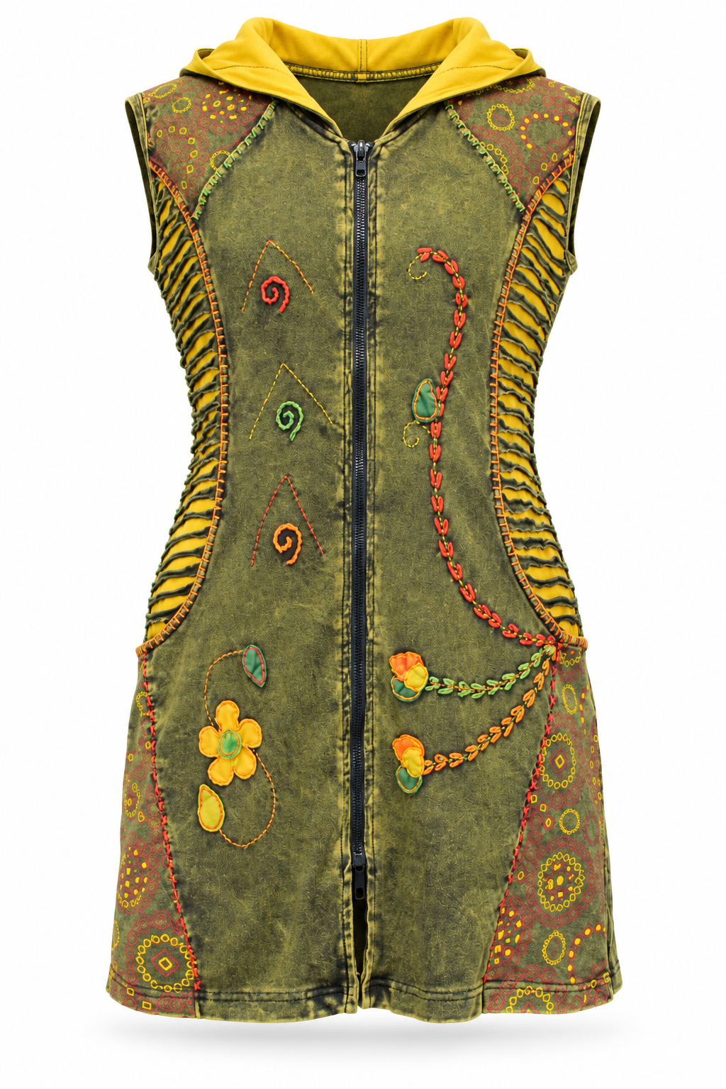Olive Hooded Vest - Floral Details, ghost mannequin front