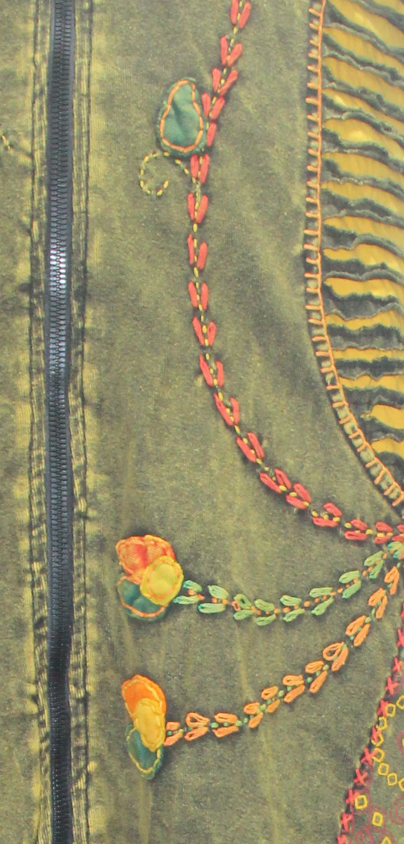 Olive Hooded Vest - Floral Details, original fabric detail