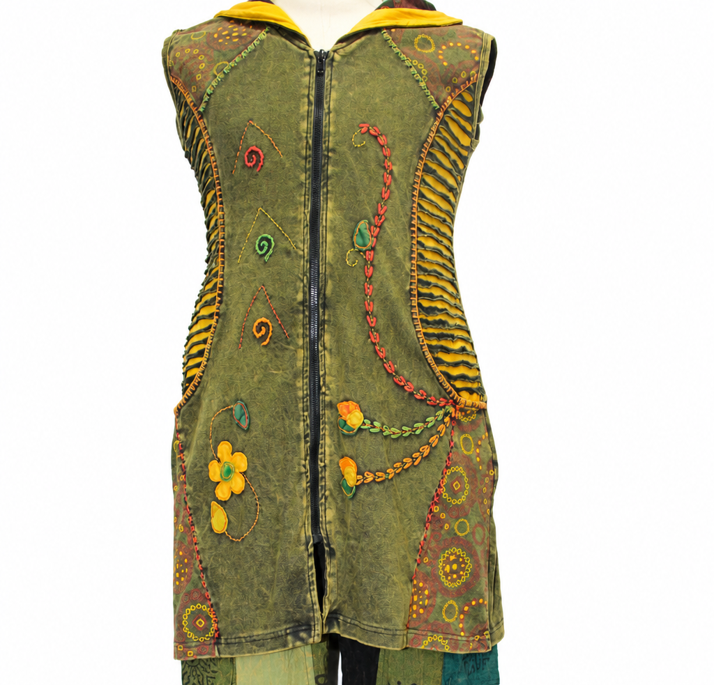 Olive Hooded Vest - Floral Details, original mannequin on white