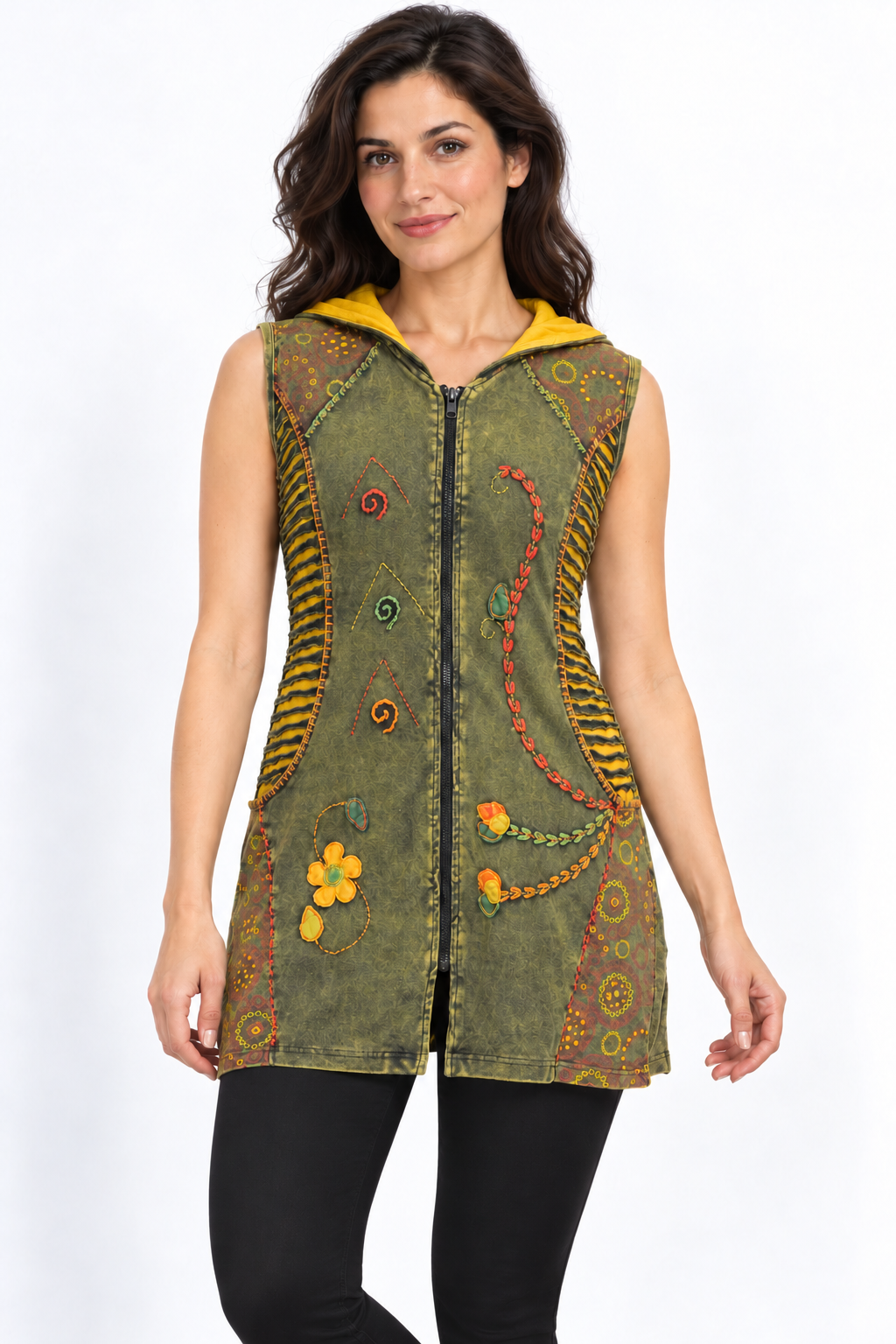 Olive Hooded Vest - Floral Details, model front with fitted black trousers