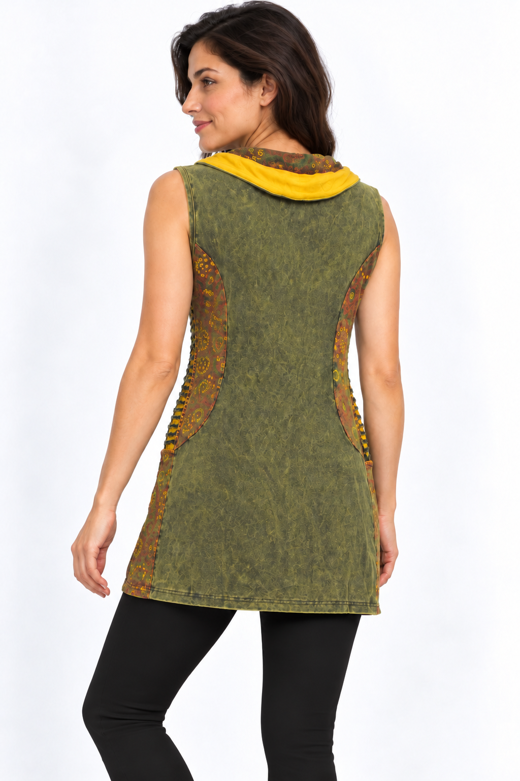 Olive Hooded Vest - Floral Details, model three-quarter back with fitted black trousers