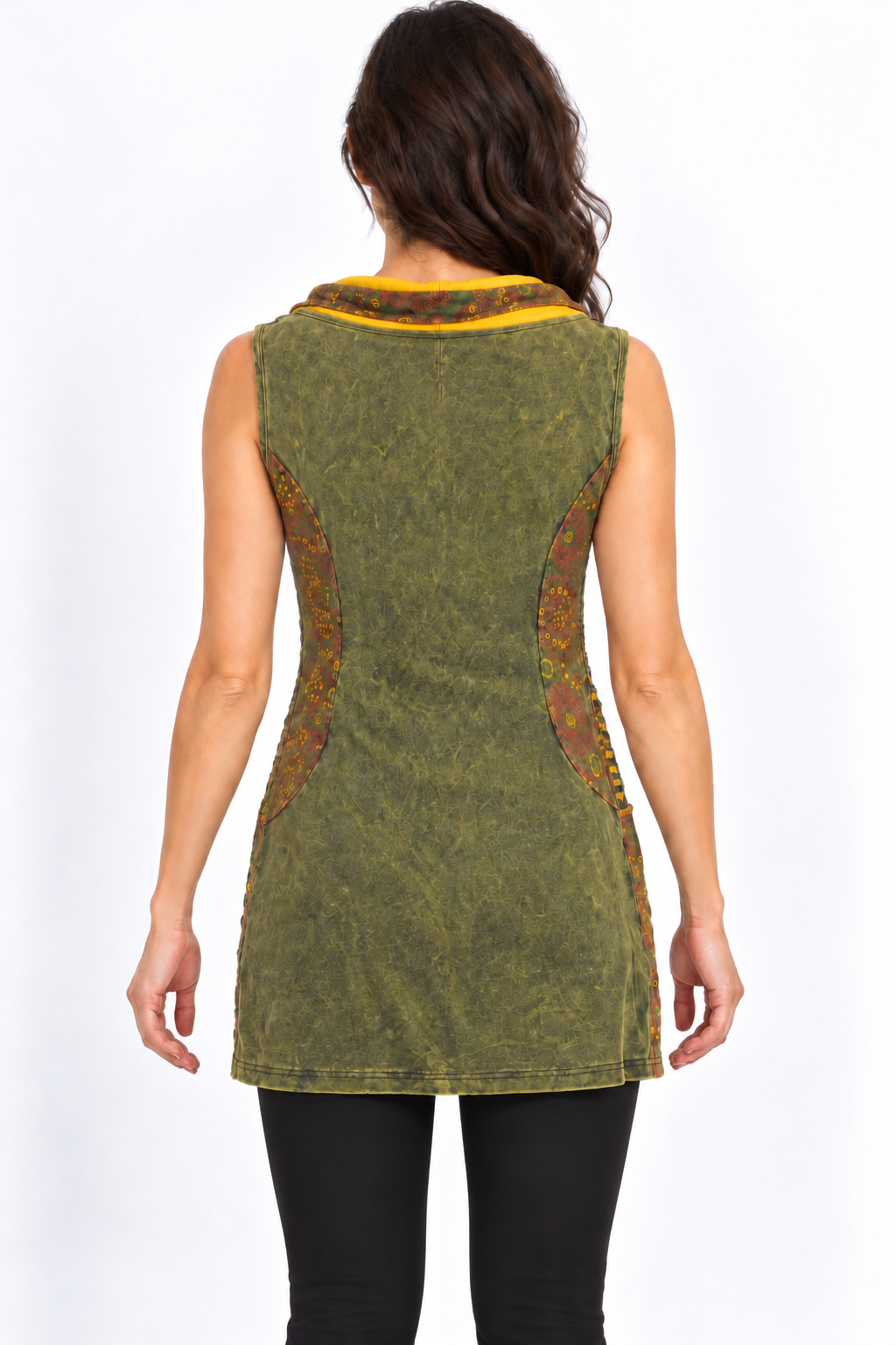 Olive Hooded Vest - Floral Details, model back with fitted black trousers