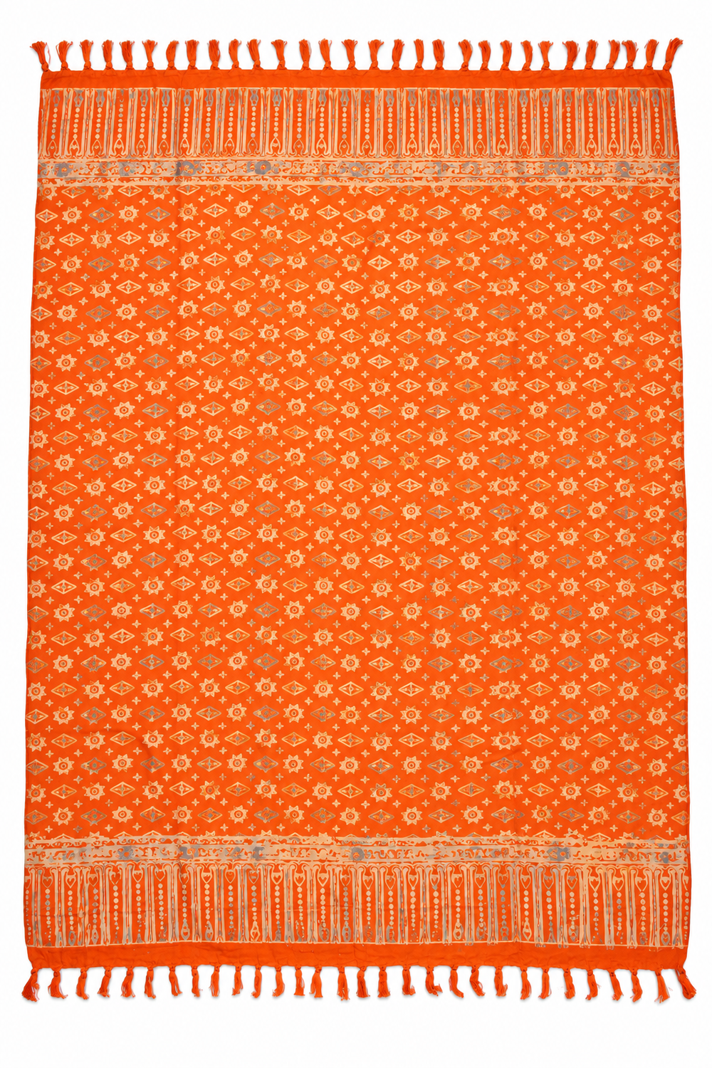 Orange Gold Flower Dots Sarong — full opened product with fringed ends