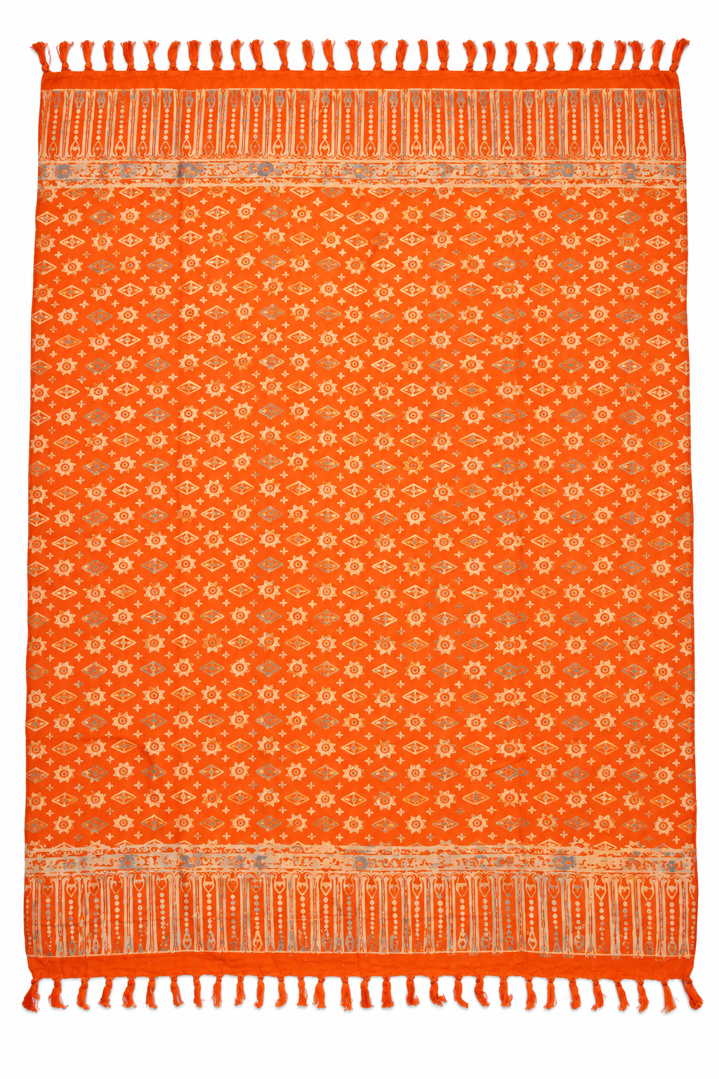 Orange Gold Flower Dots Sarong — full opened product with fringed ends
