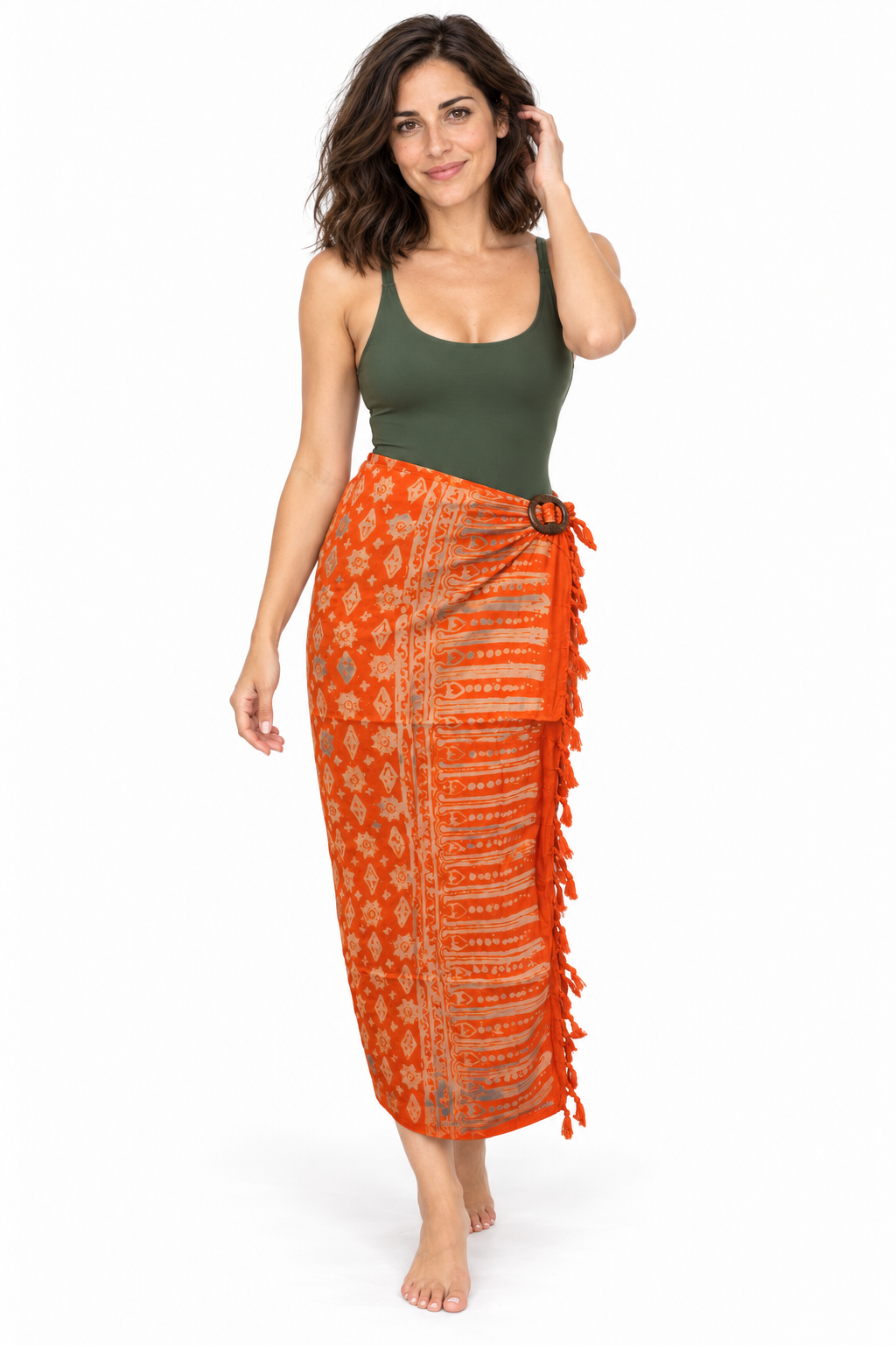 Orange Gold Flower Dots Sarong — long beach wrap with oval two-hole coconut buckle