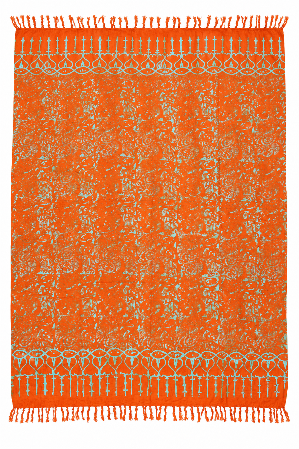 Orange Pale Blue Leaf Sarong — full opened product with fringed ends
