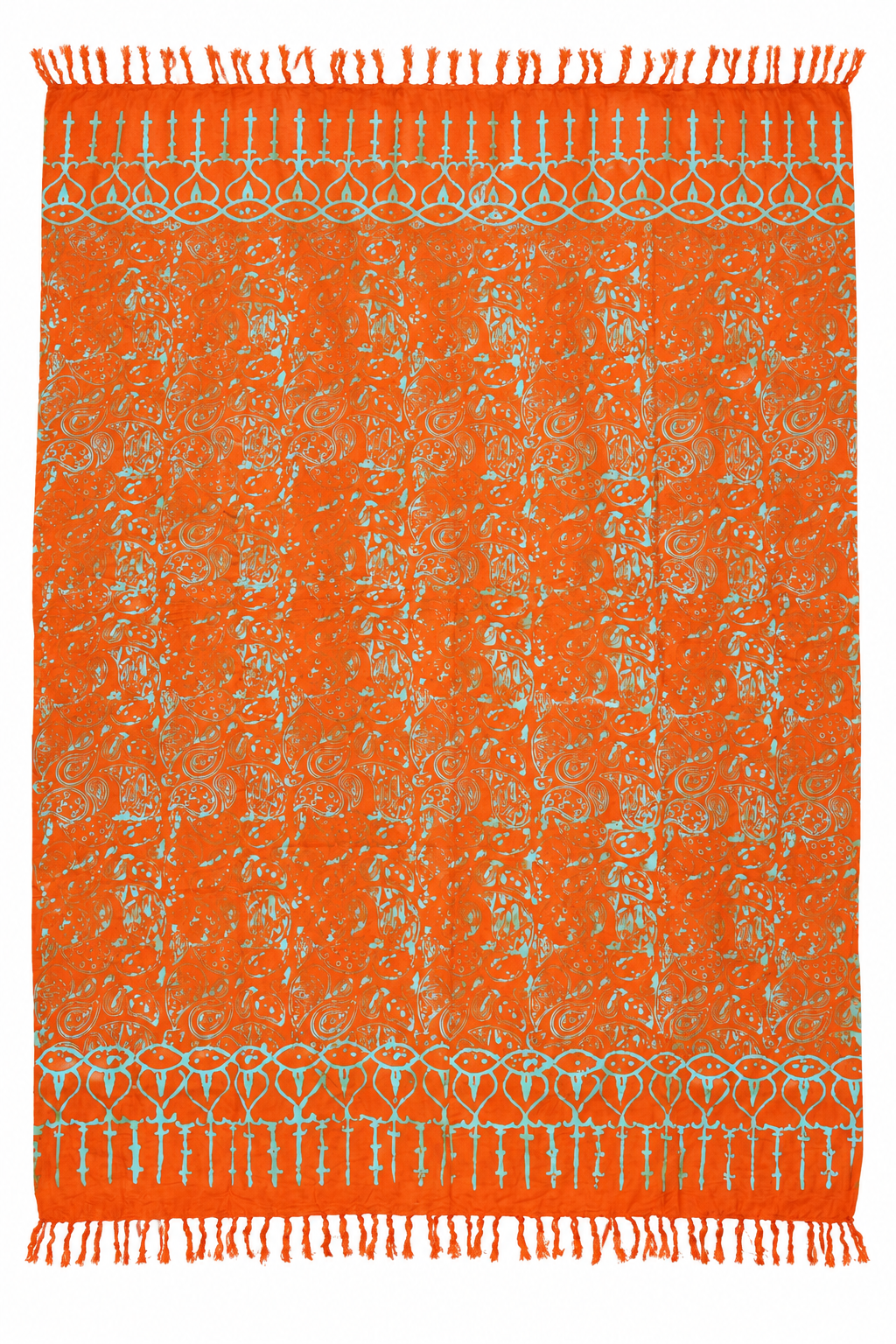 Orange Pale Blue Leaf Sarong — full opened product with fringed ends