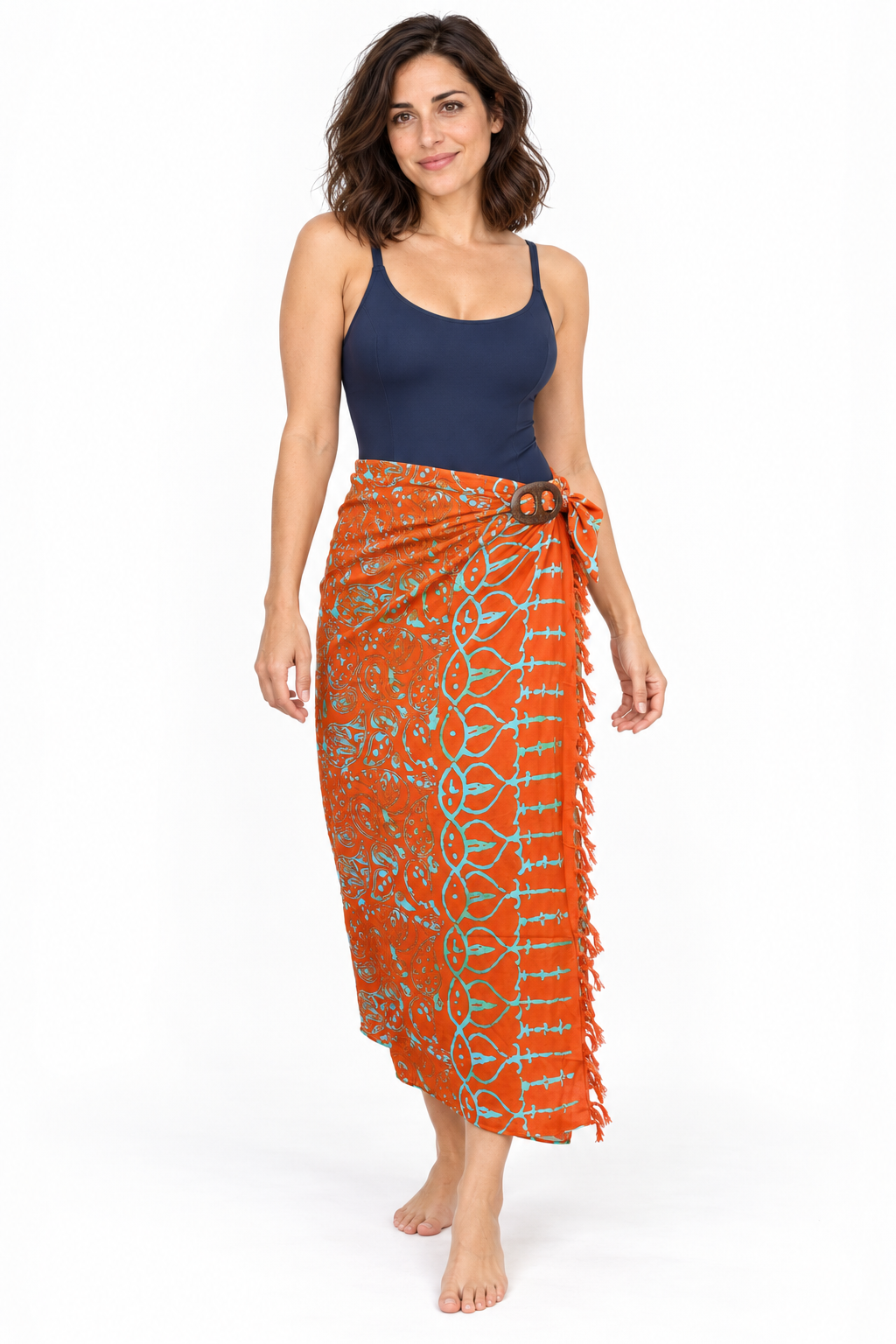 Orange Pale Blue Leaf Sarong — long beach wrap with oval two-hole coconut buckle
