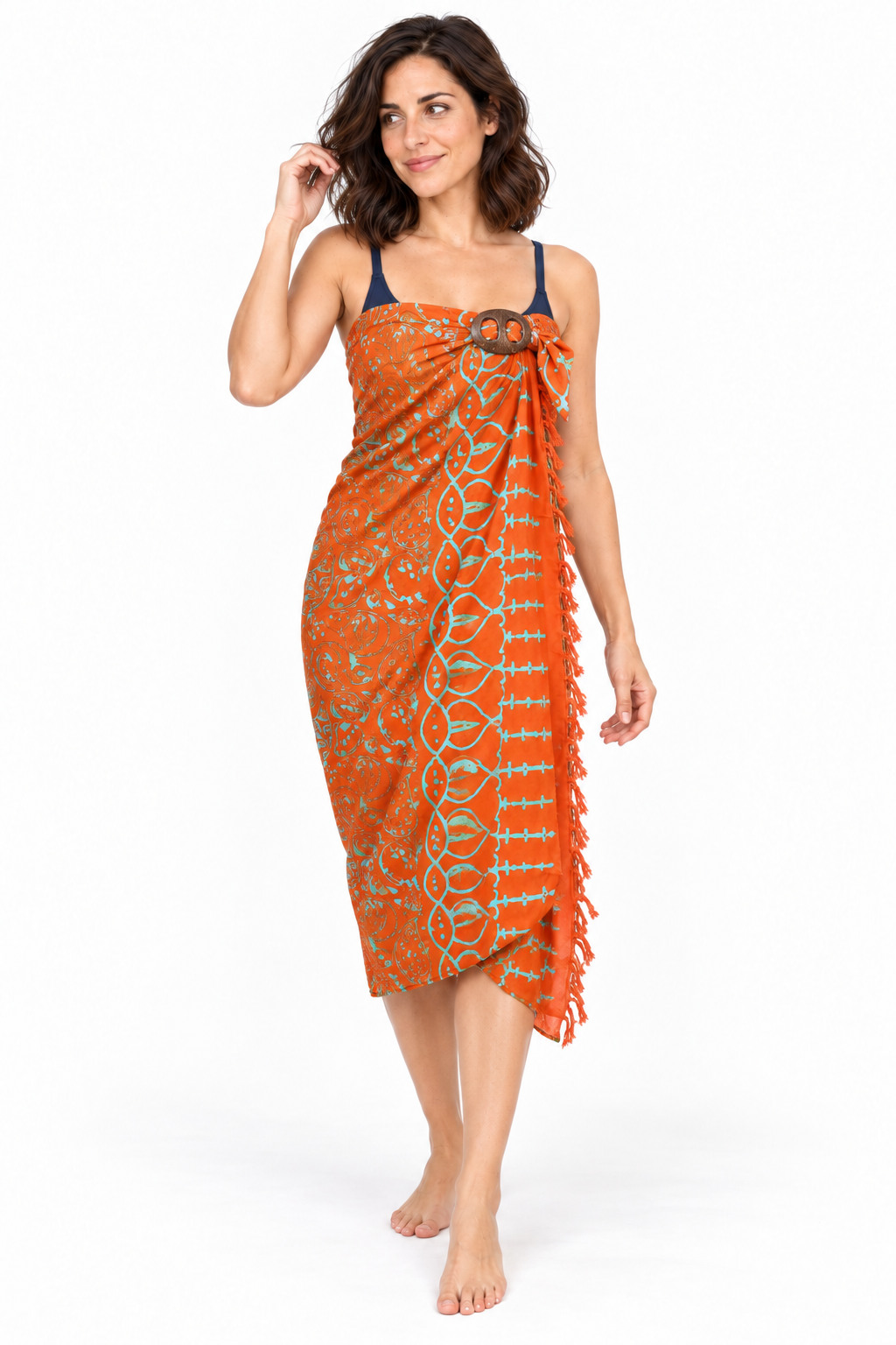 Orange Pale Blue Leaf Sarong — dress wrap over swimsuit with coconut buckle