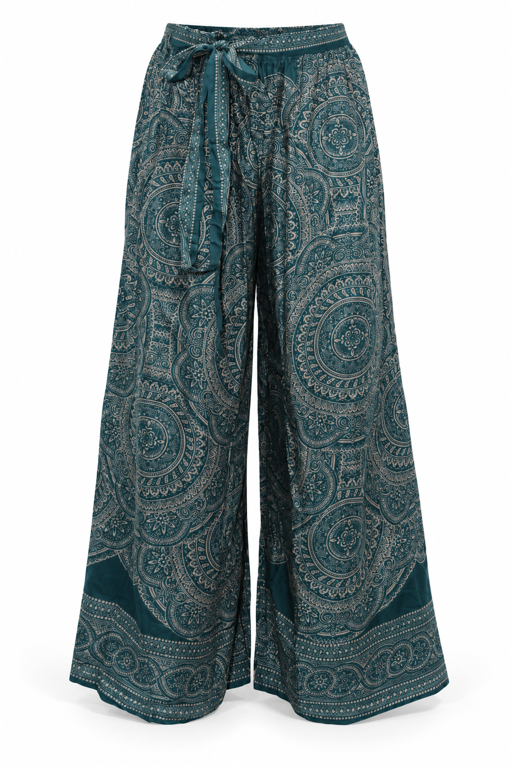 Dark Teal Paisley Wide Leg Pants — front garment view