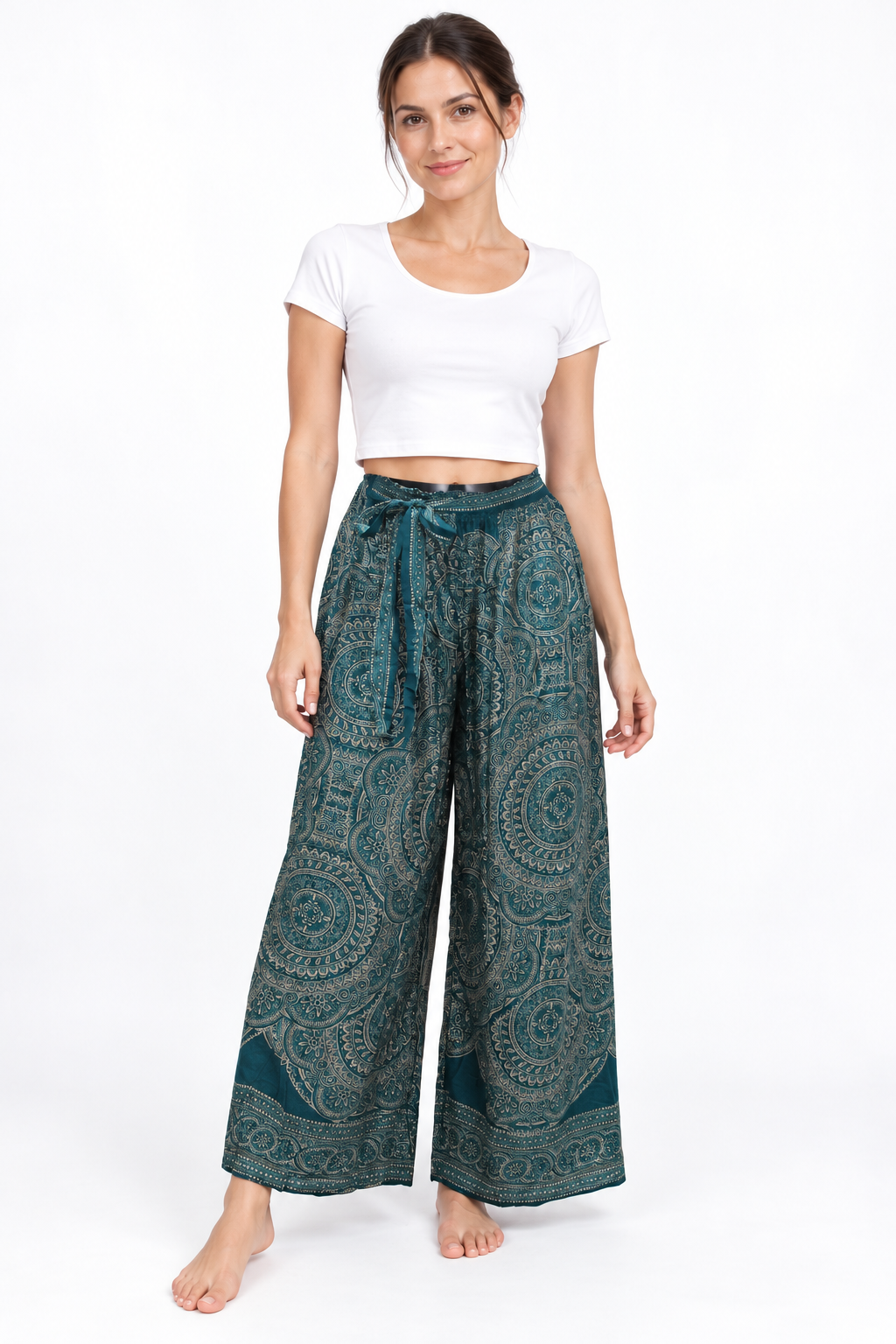 Dark Teal Paisley Wide Leg Pants — front model view