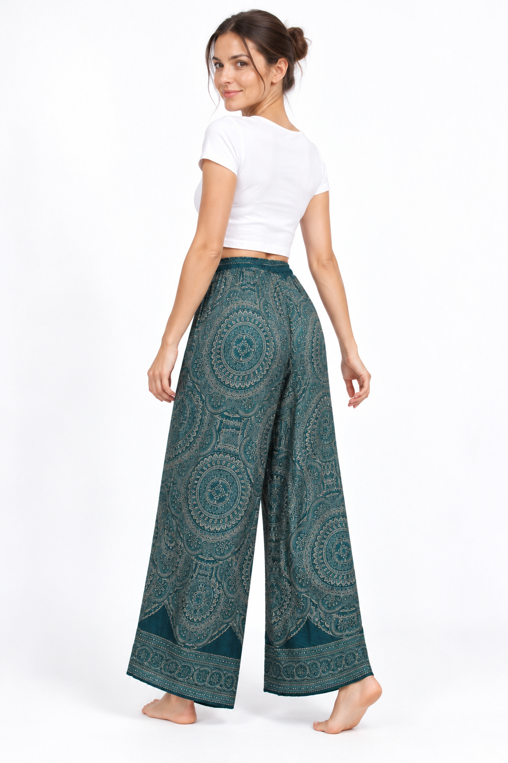 Dark Teal Paisley Wide Leg Pants — three-quarter back model view