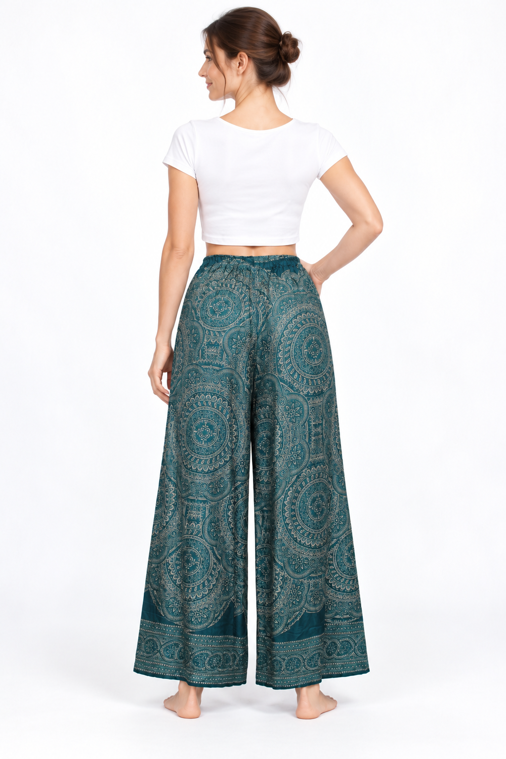 Dark Teal Paisley Wide Leg Pants — back model view