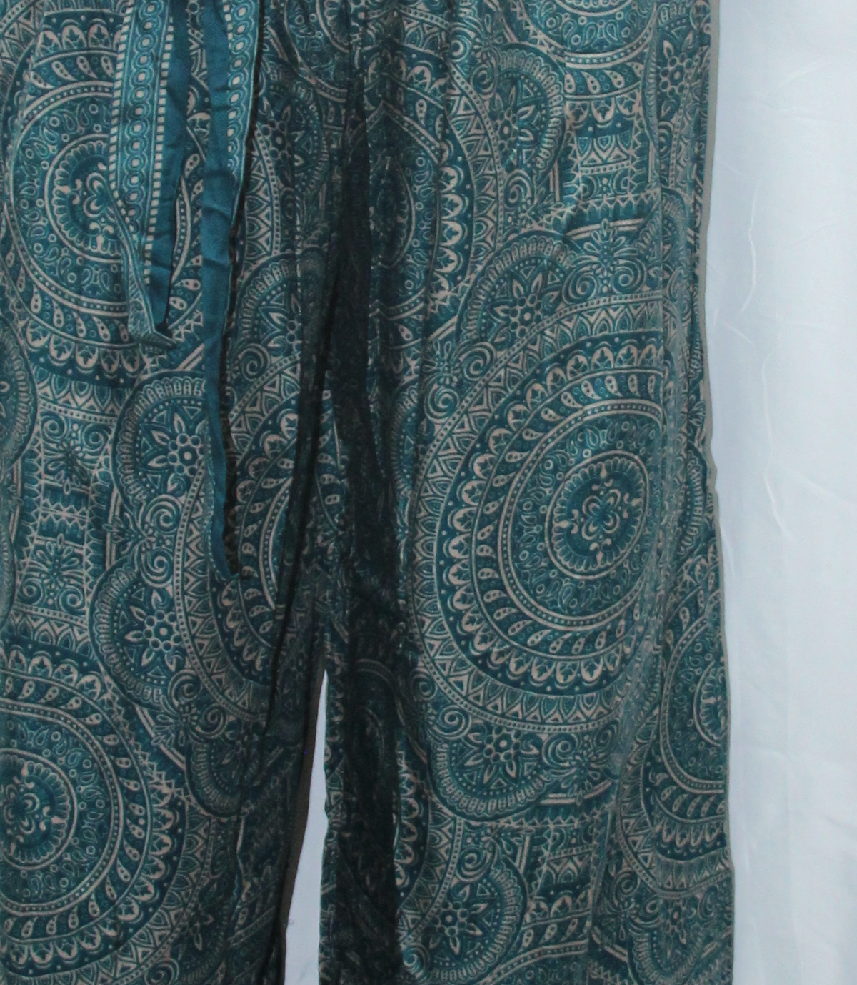 Dark Teal Paisley Wide Leg Pants — real fabric detail