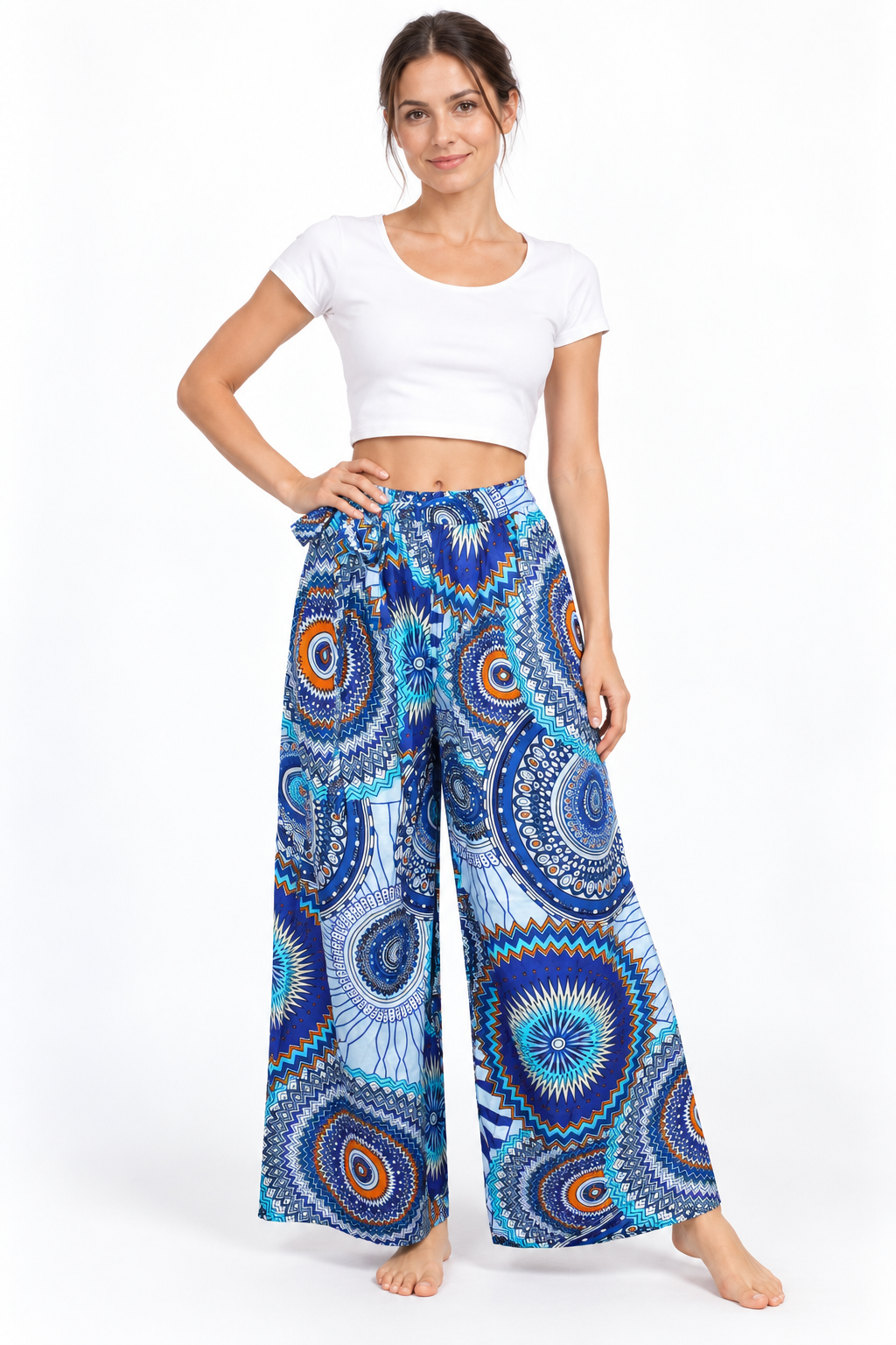 Blue Multicolour Circle Wide Leg Pants — front model view