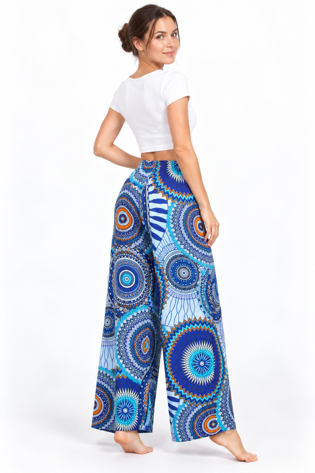 Blue Multicolour Circle Wide Leg Pants — three-quarter back model view