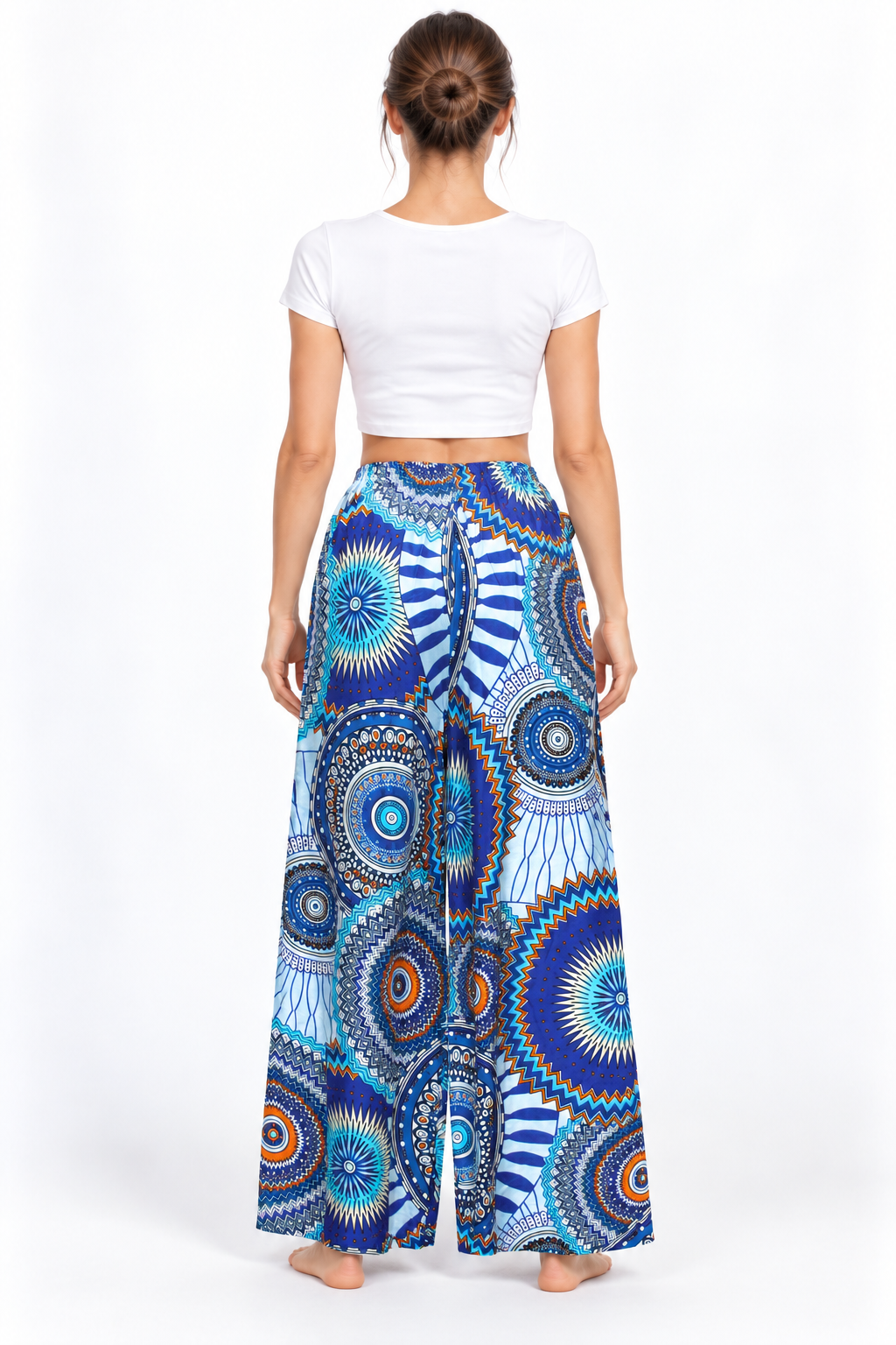 Blue Multicolour Circle Wide Leg Pants — back model view