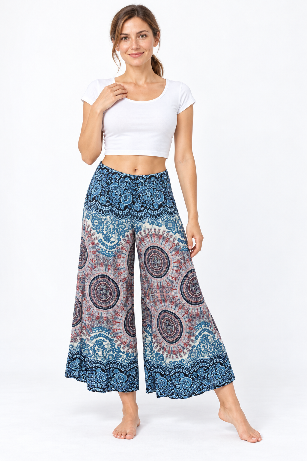 Blue Mauve Mandala Wide Leg Pants — front model view
