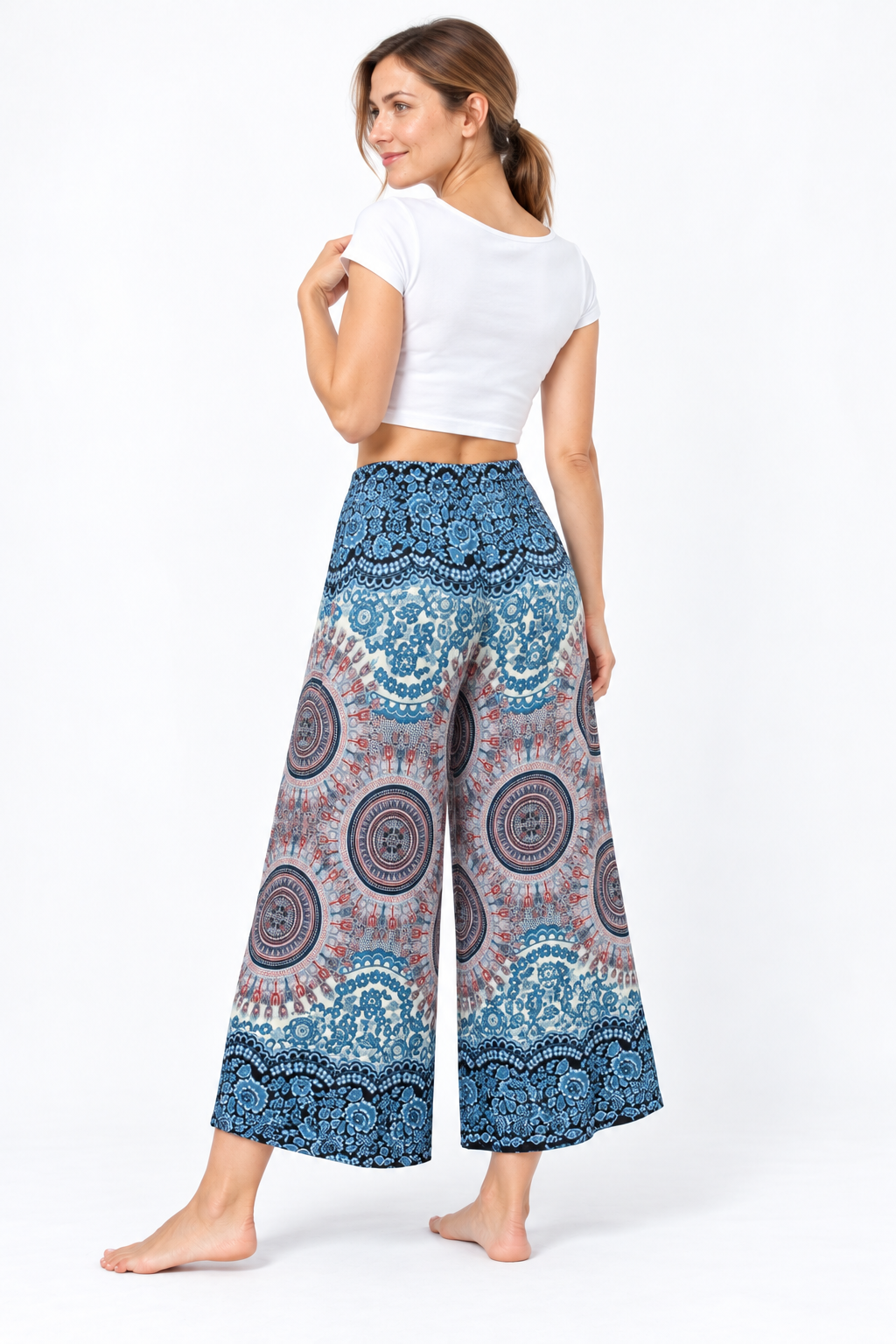 Blue Mauve Mandala Wide Leg Pants — three-quarter back model view