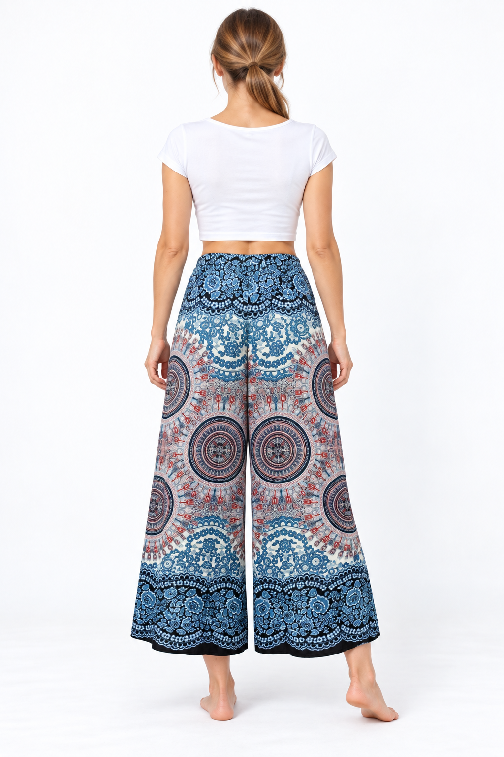 Blue Mauve Mandala Wide Leg Pants — back model view