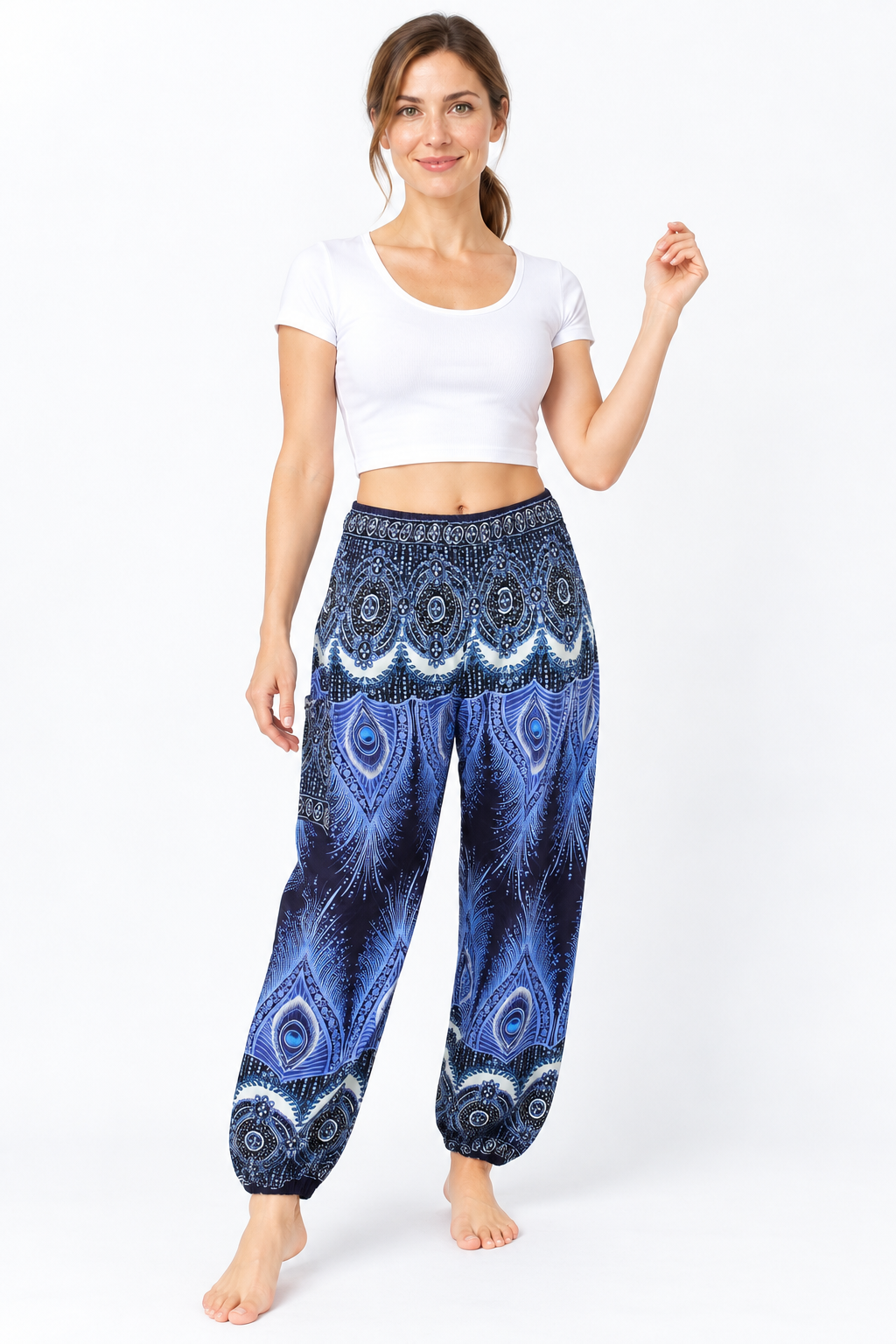 Navy Blue Feather Side Pocket Trousers — front model view
