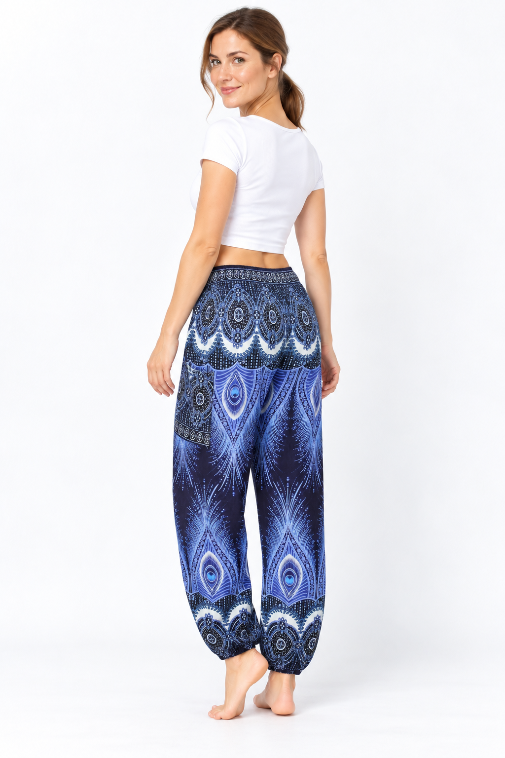 Navy Blue Feather Side Pocket Trousers — three-quarter back model view