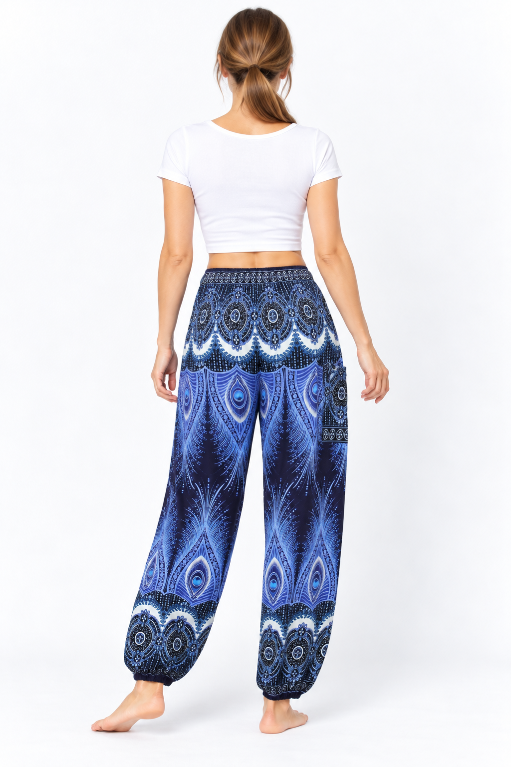 Navy Blue Feather Side Pocket Trousers — back model view