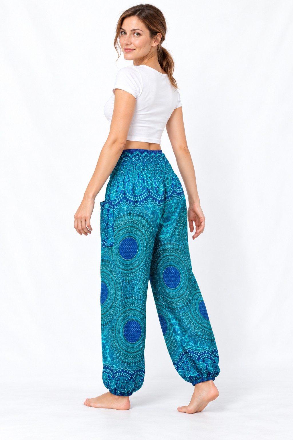 Teal Green Peacock Side Pocket Trousers — three-quarter back model view