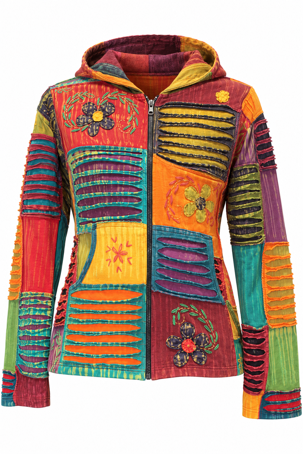 Multicolour Patchwork Hooded Jacket, ghost mannequin front