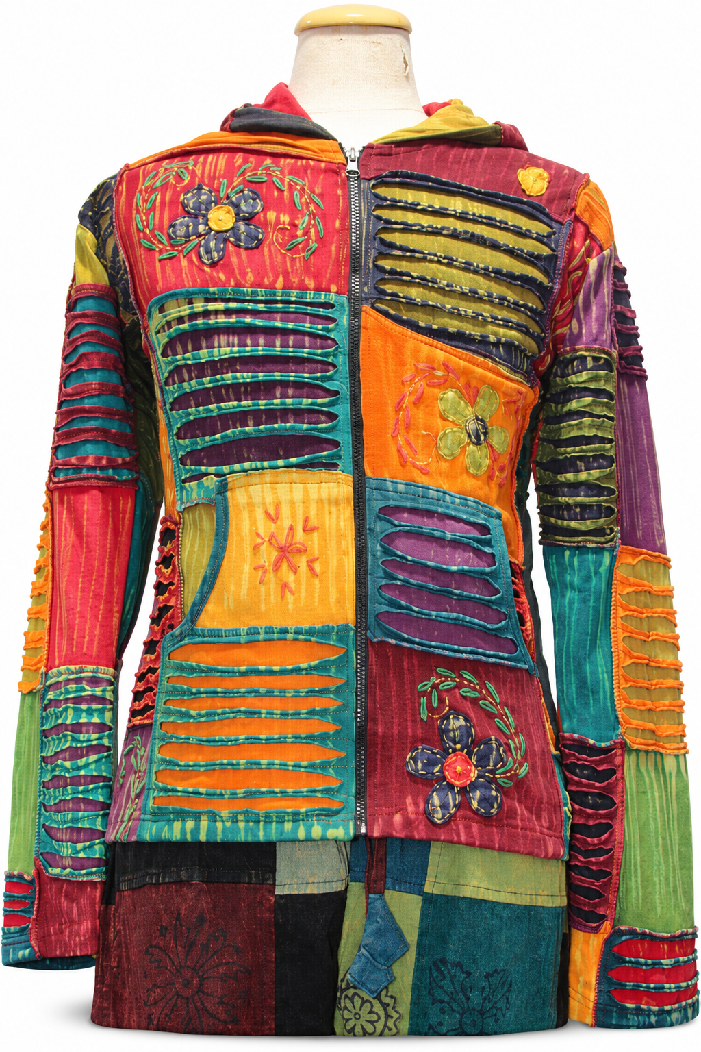 Multicolour Patchwork Hooded Jacket, original mannequin on white