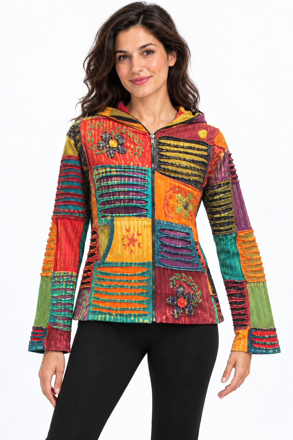 Multicolour Patchwork Hooded Jacket, model front with fitted black trousers