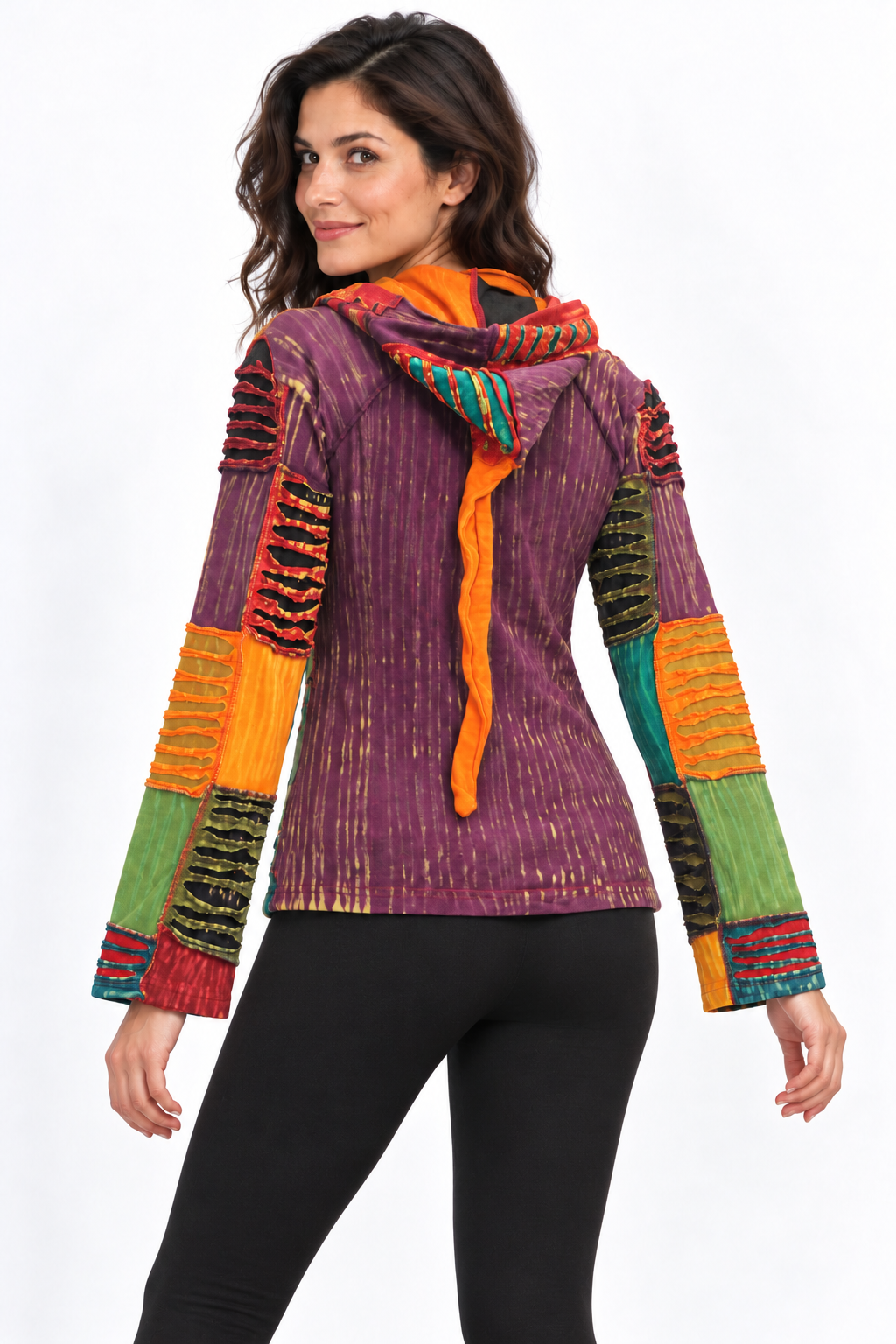Multicolour Patchwork Hooded Jacket, model three-quarter back with fitted black trousers