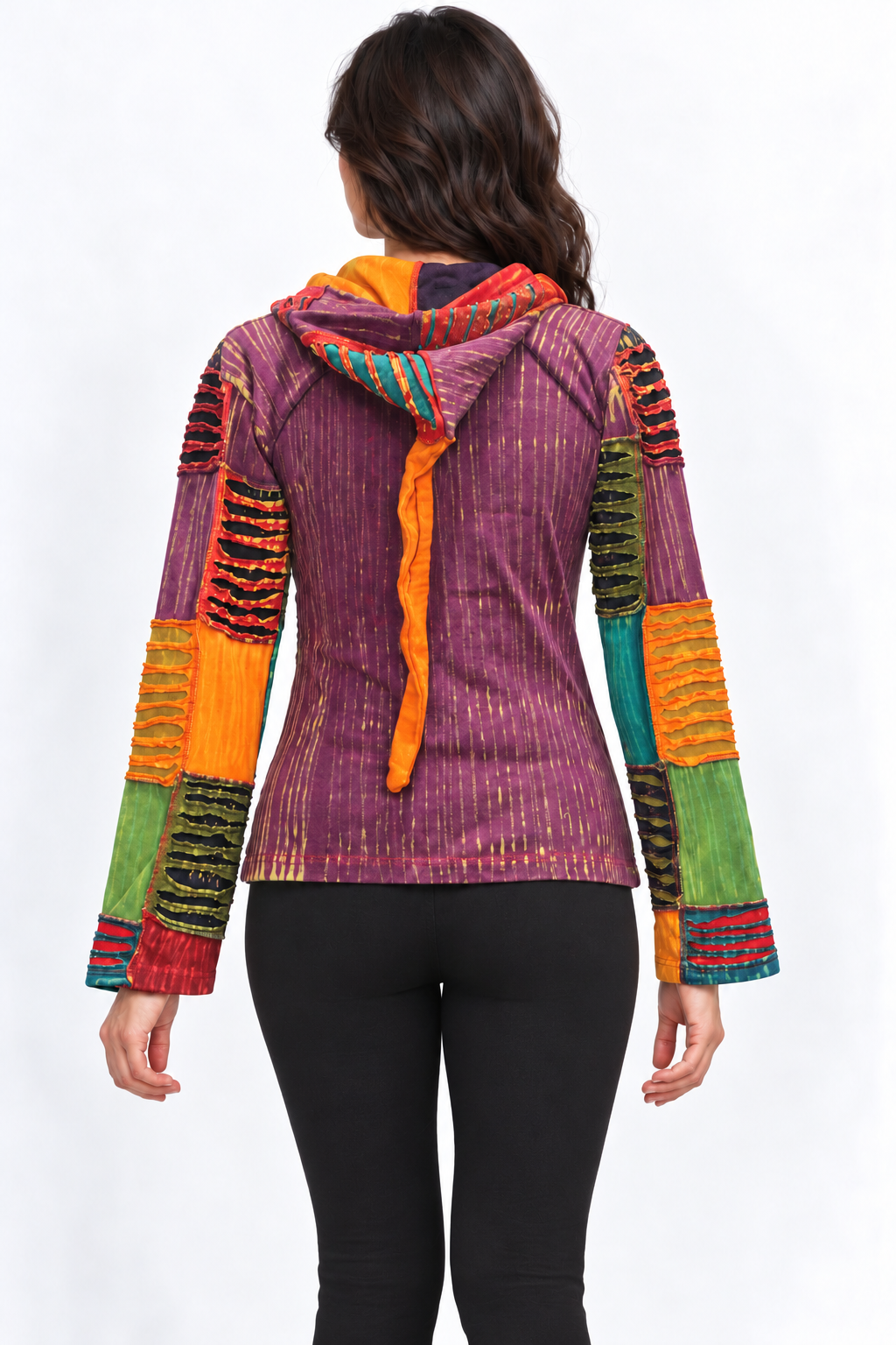 Multicolour Patchwork Hooded Jacket, model back with fitted black trousers