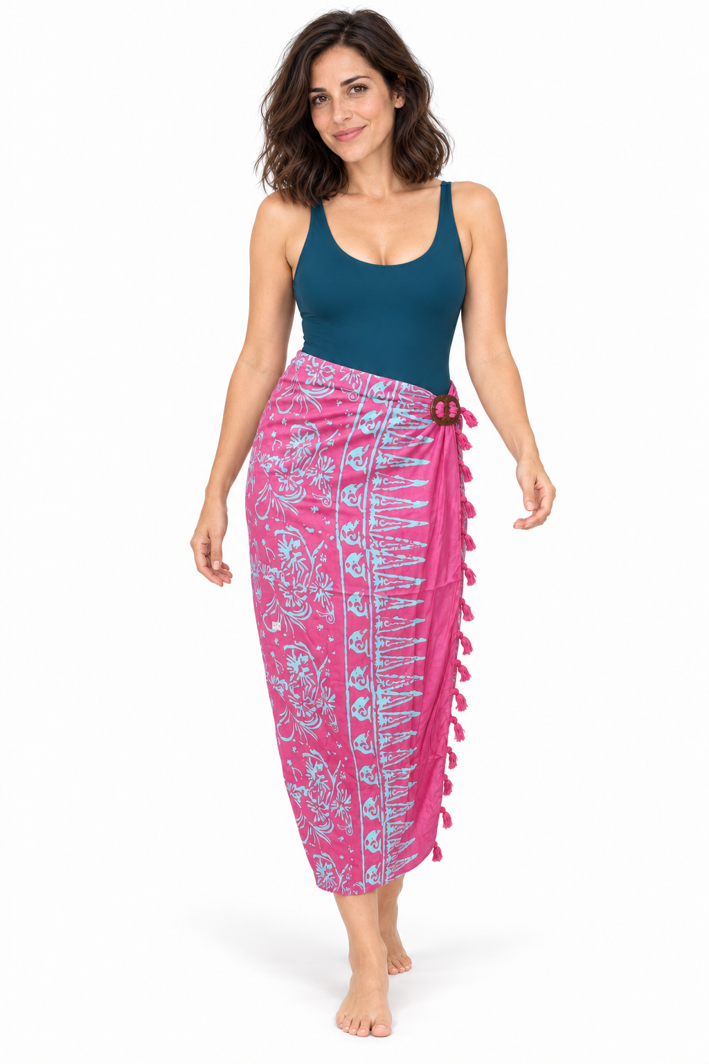 Pink Pale Blue Floral Sarong — long beach wrap with oval two-hole coconut buckle