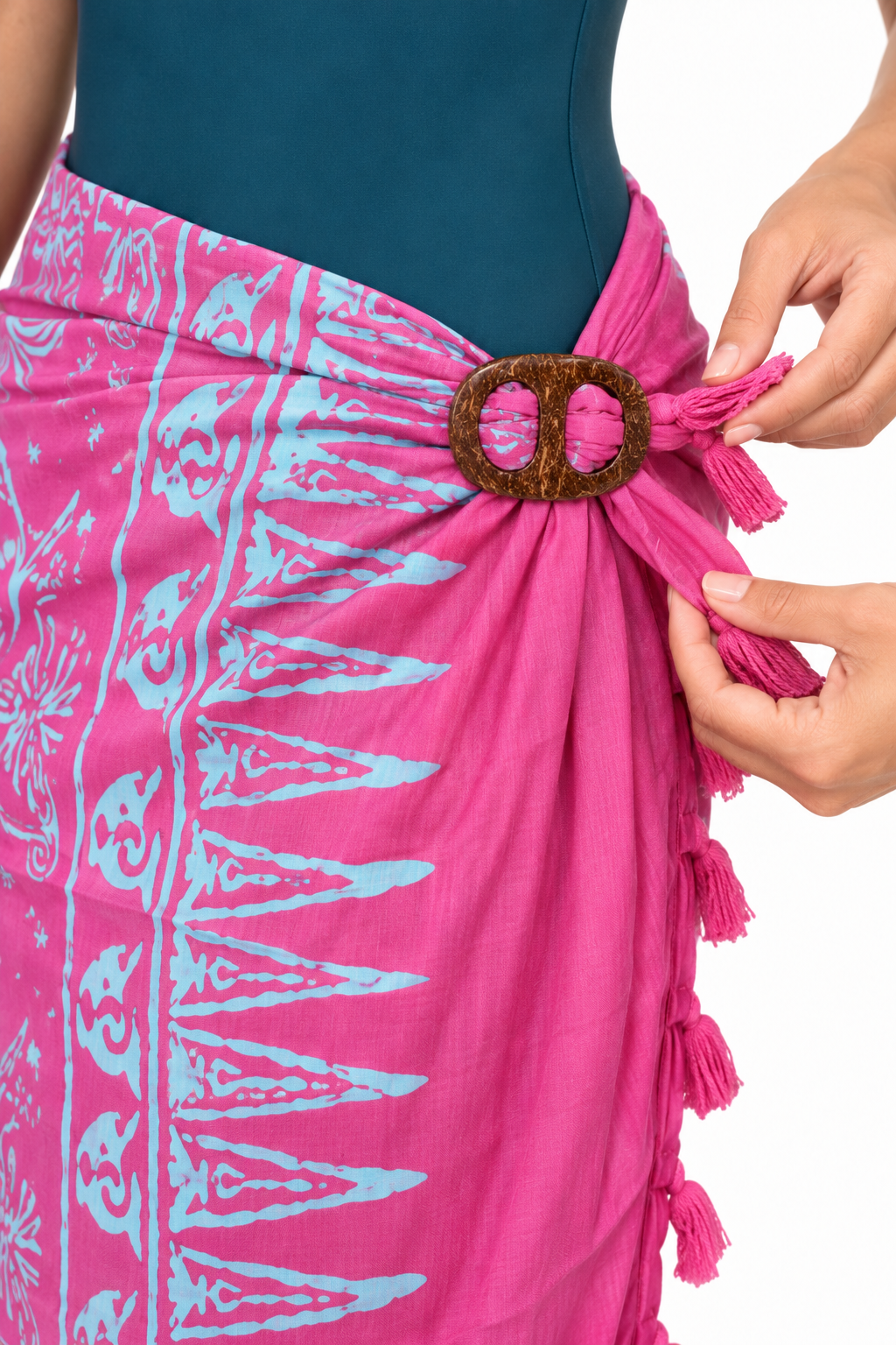 Pink Pale Blue Floral Sarong — oval two-hole coconut buckle fastening detail