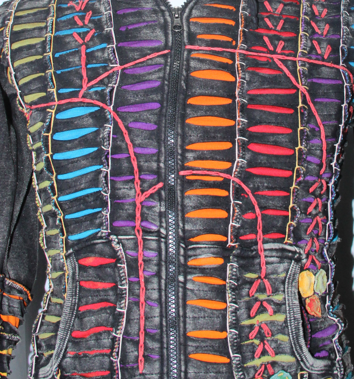 Black Hooded Jacket - Rainbow Slash Details, original fabric detail